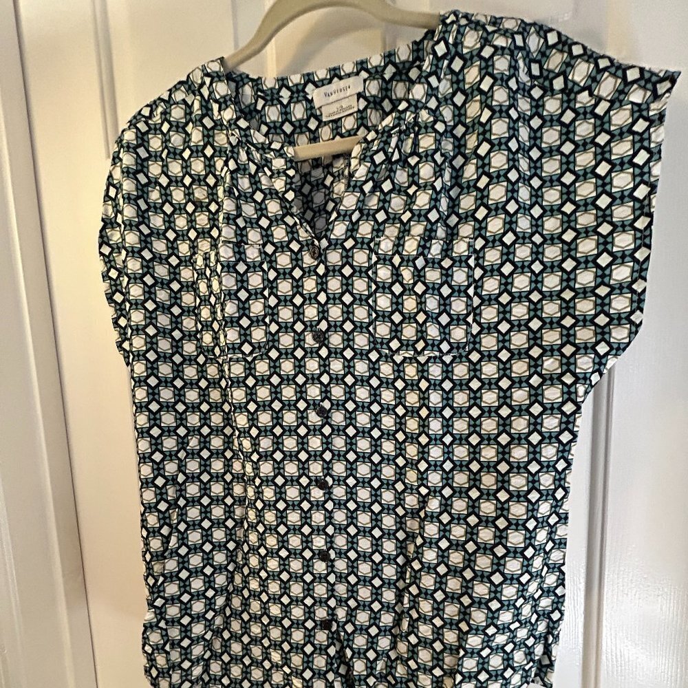 Van Heusen Womens Sleeveless Navy/Teal Print Blouse Sz L